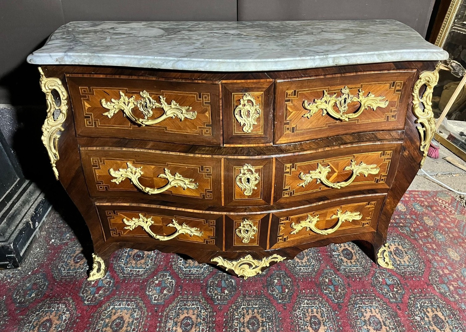 Antique Chest of Drawers Louis XV Marquetry Bronze Marble Storage Drawer