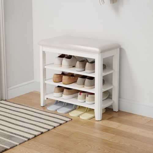  Shoe Bench with Leather Cushion, 3 Tiers Shoe Storage Bench 23.62" White