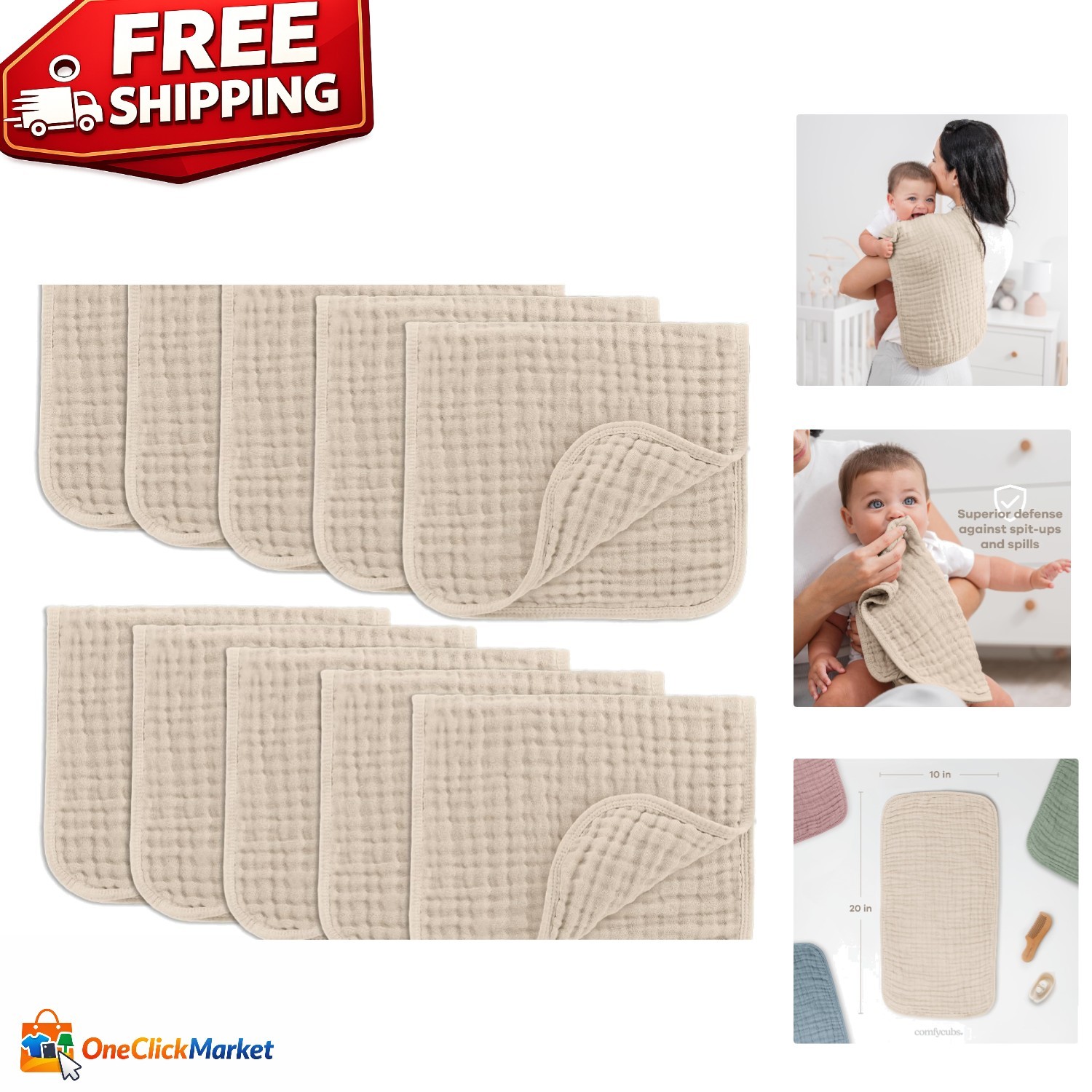 Elegant Sand Muslin Burp Cloths 20x10 - Pack of 10, Ultra Soft for Babies