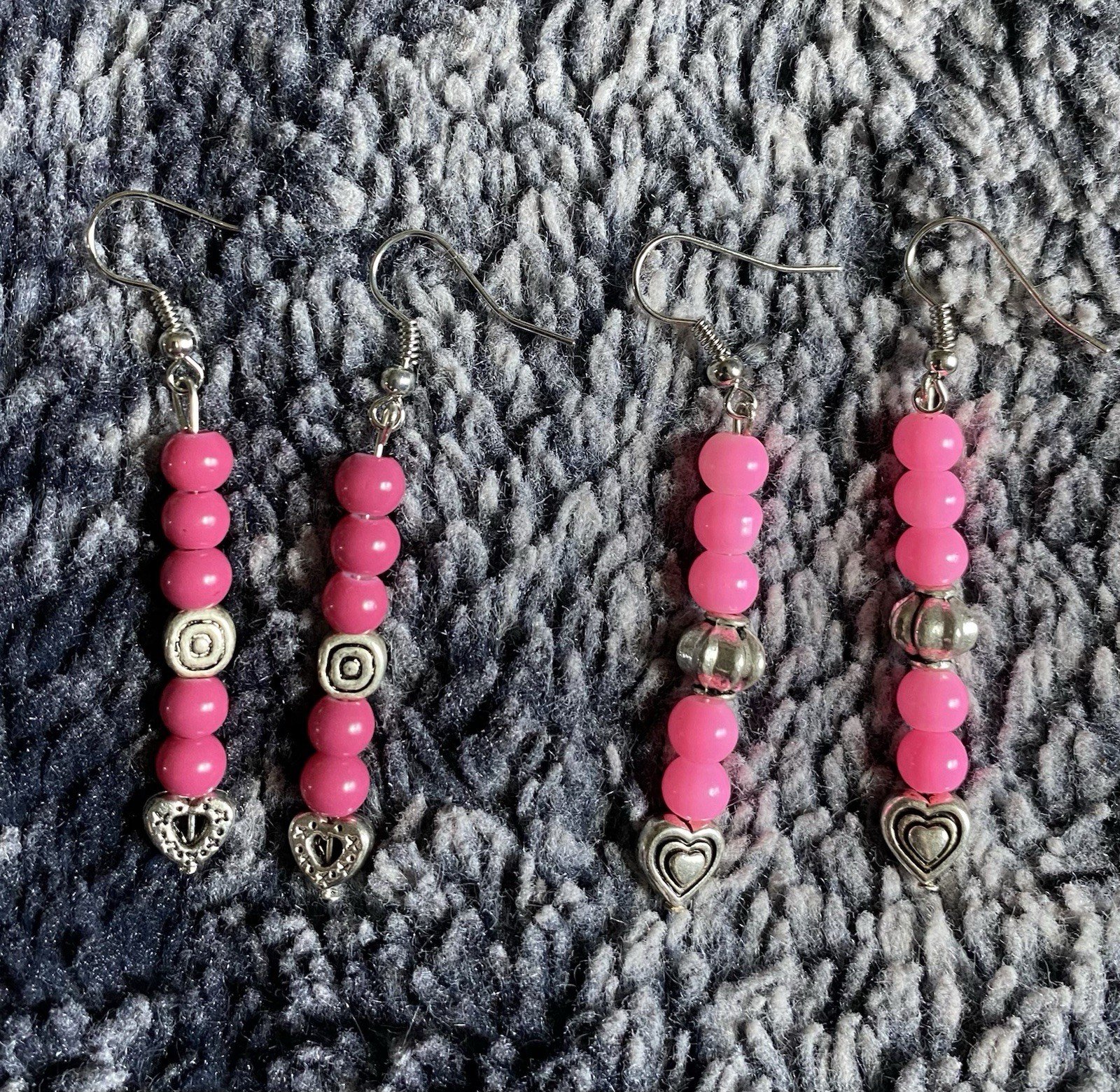 Handmade Pink & Silver Beaded Dangle Drop Earrings Set (2)