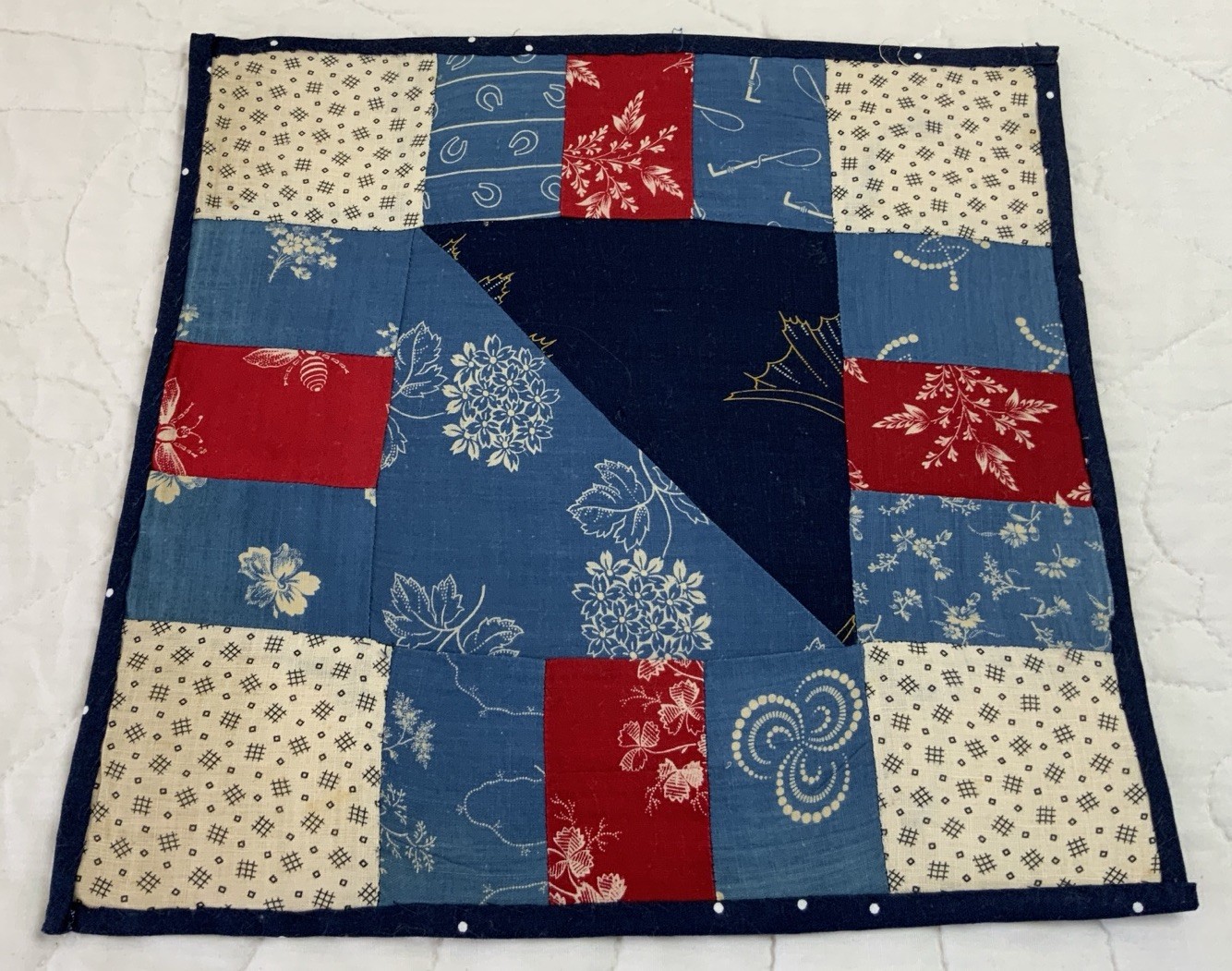 Antique Patchwork Quilt Table Topper, Triangles, Rectangles, Early Calicos, Blue