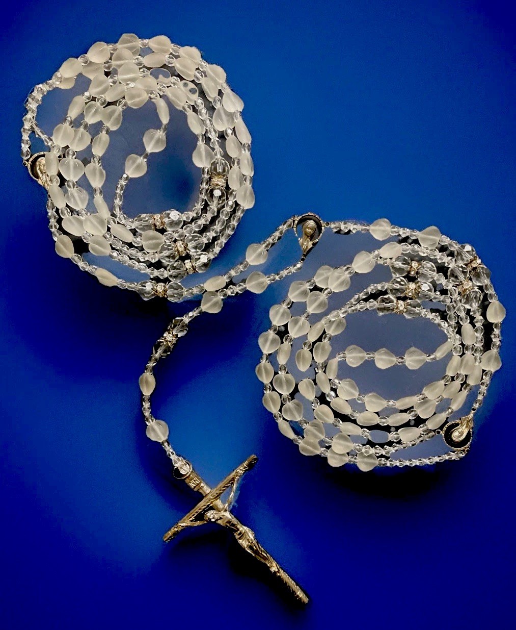 Vintage Catholic Crystal & Frosted Glass Heart  Rosary Wedding Lasso