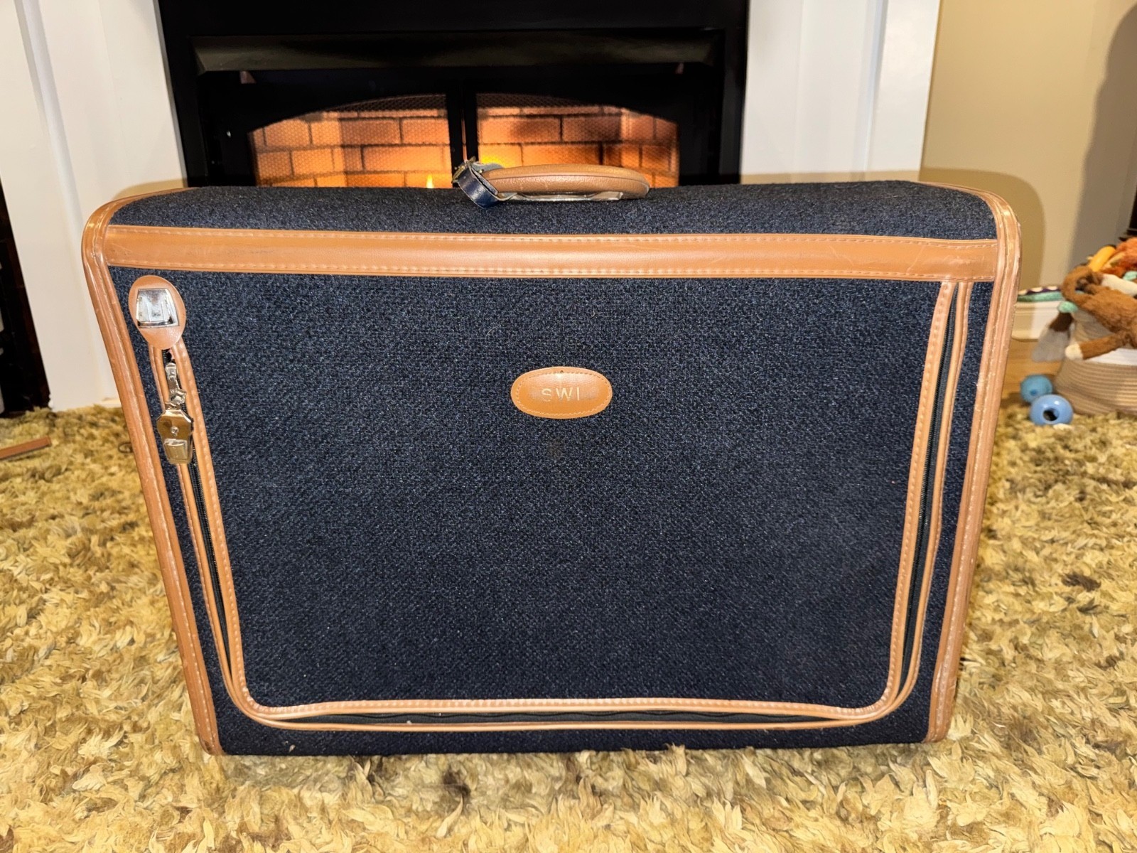 Vintage Skyway Tweed Navy Blue 26" Monogrammed Leather Upright Rolling Suitcase