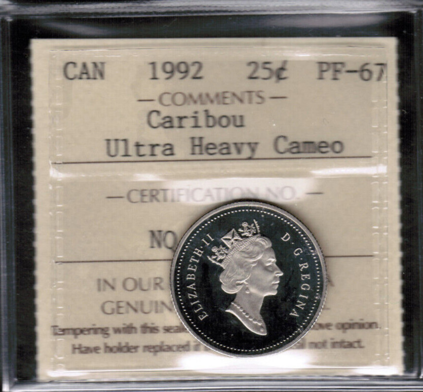 Canada  25 Cents 1992 Proof Caribou ICCS PF-67 Ultra Heavy Cameo - Better Year