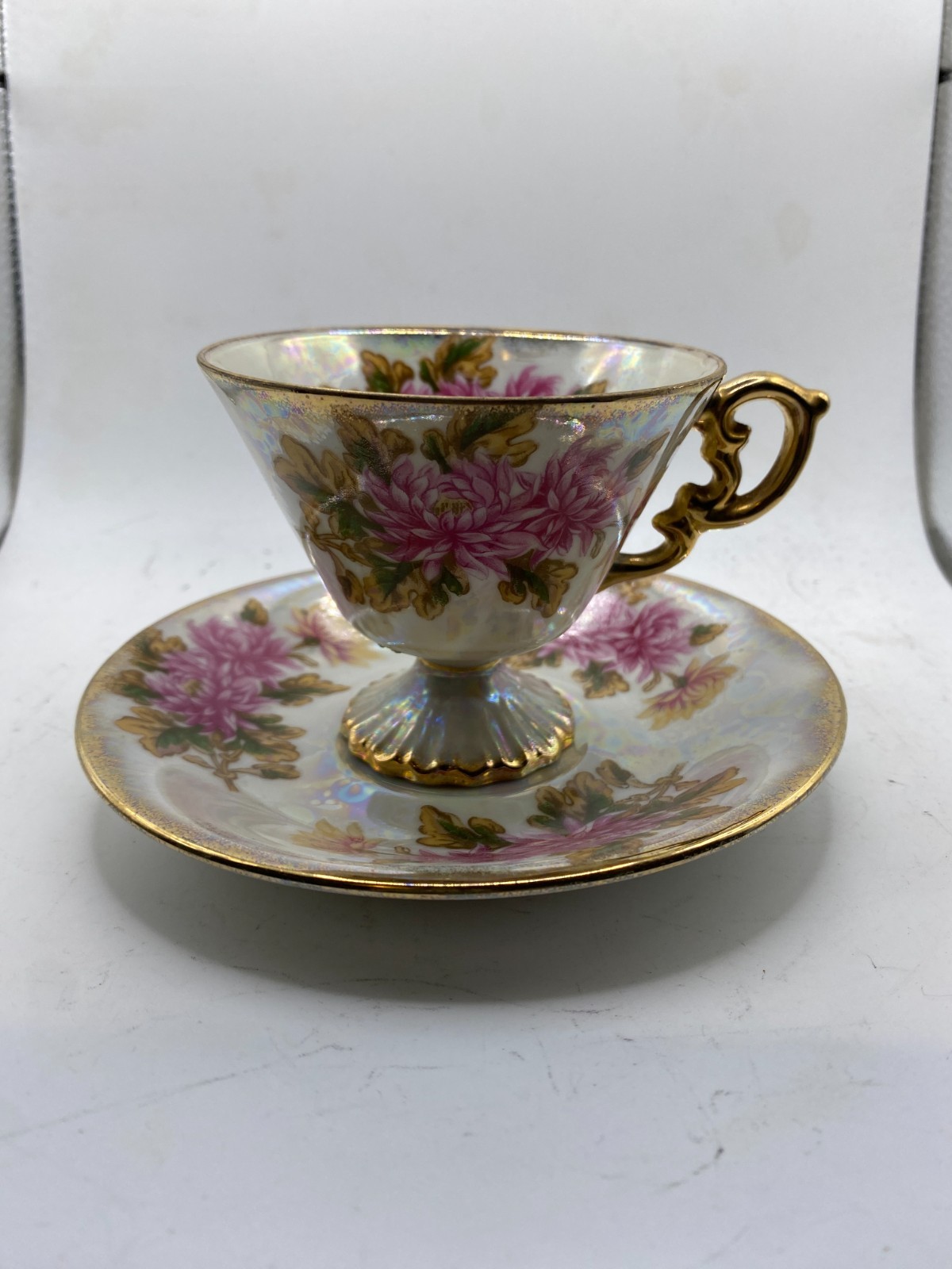 Vintage Ucagco Japan November Chrysanthemum Luster Teacup & Saucer Gold Trim
