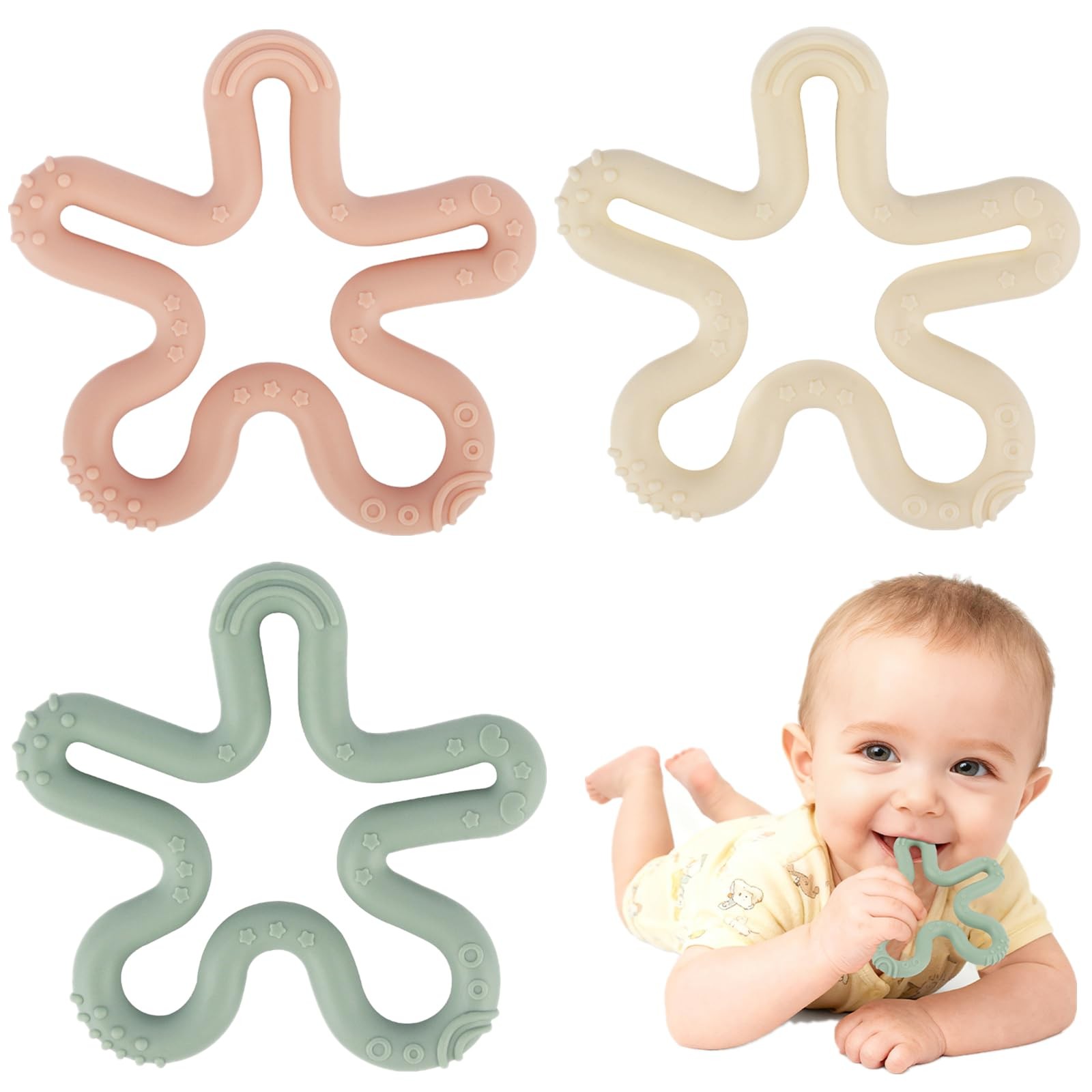 Fu Store 3 Pack Coral Flower Ring Teether Milk White, Dark Pink, Moody Blue 