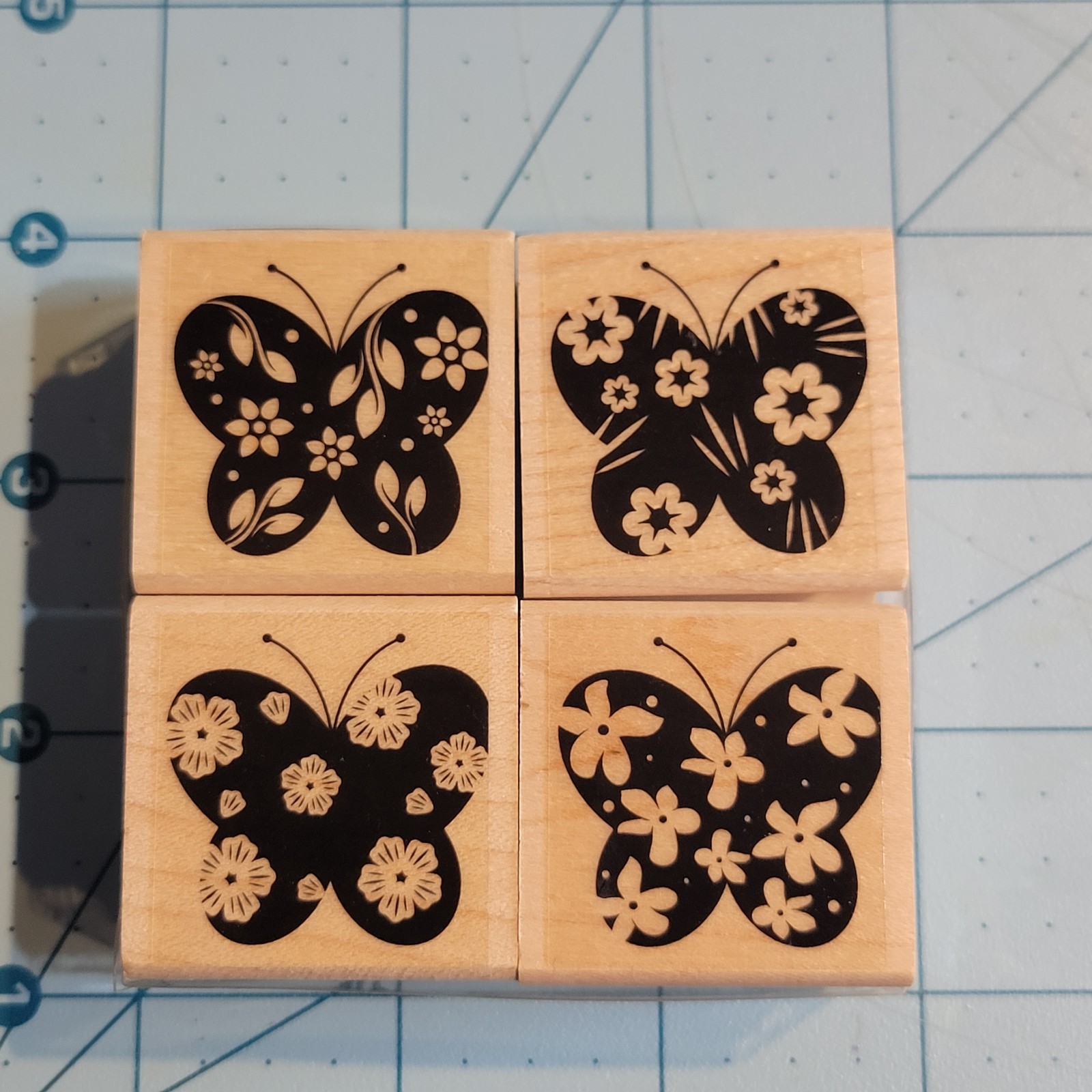 Hero Arts Wood Rubber Stamp Set Of 4 Pattern Butterflies Flowers NEW