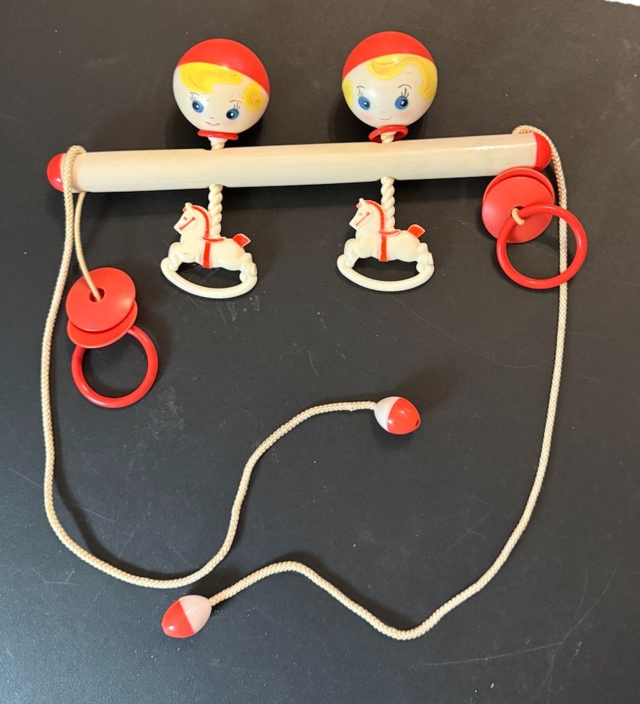 Vintage 1950s Baby Stroller Toy | Red & White Pram /Carousel Rocking Horse