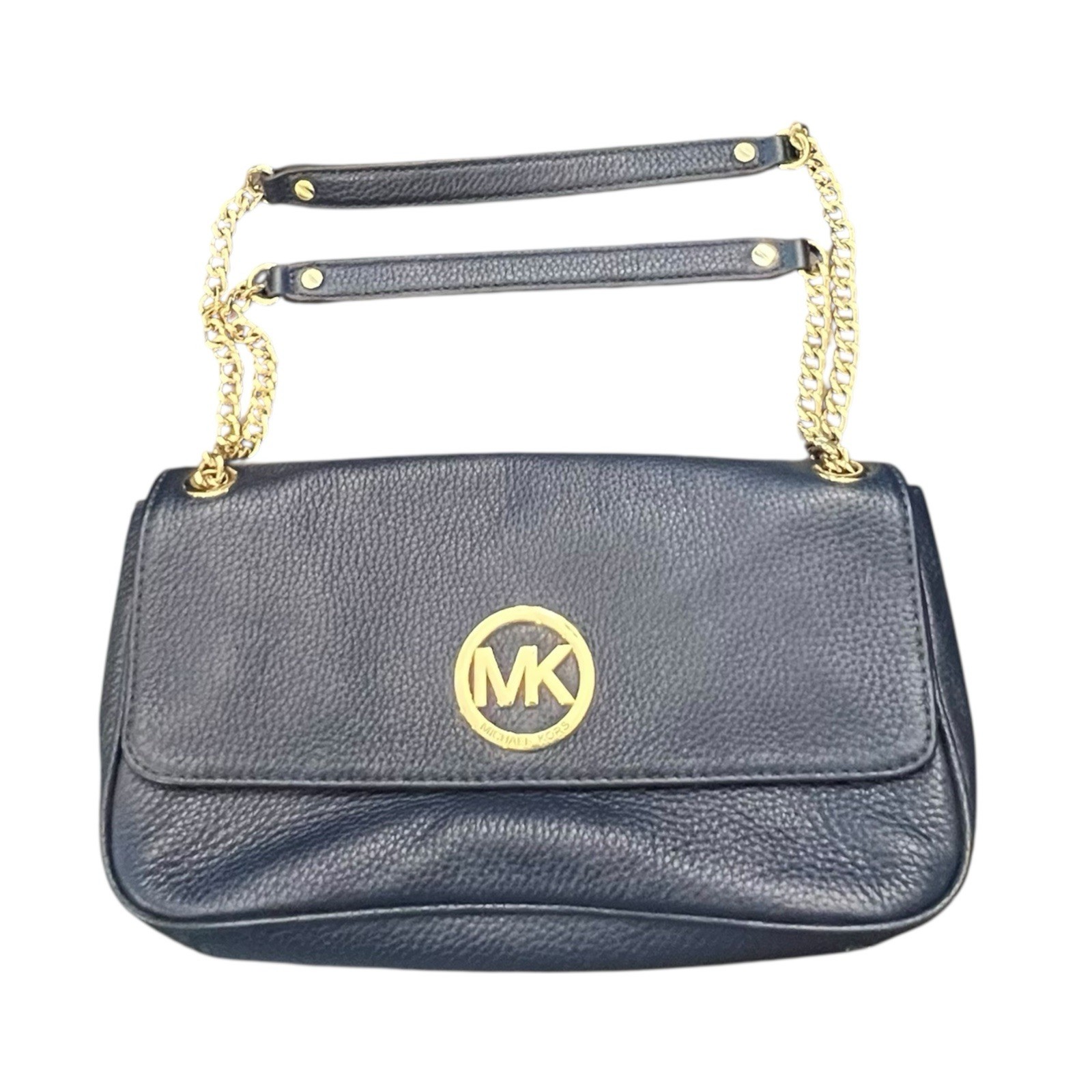 Michael Kors Small Shoulder Bag Purse Navy Blue Pebbled Leather Gold Chains $228