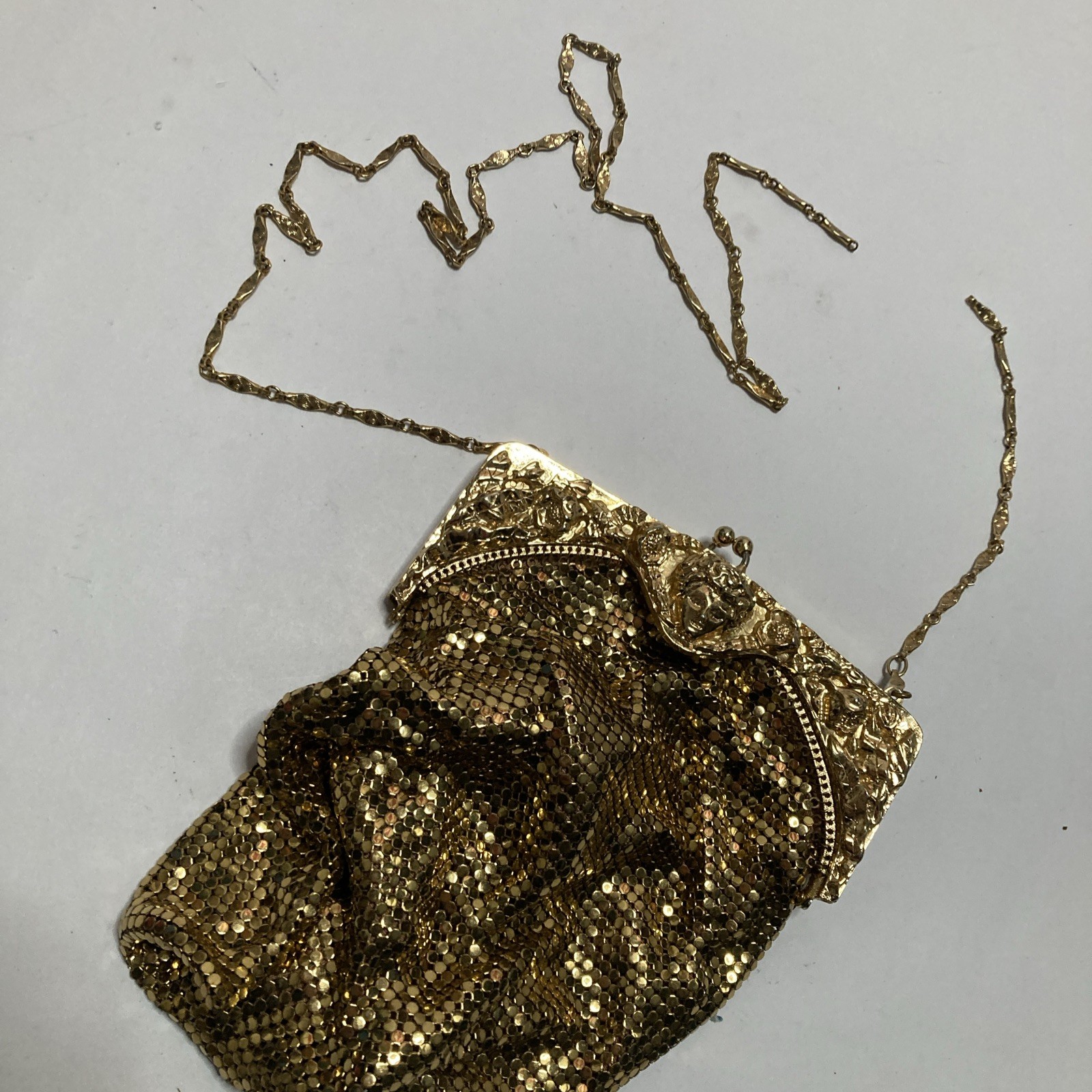 Whiting & Davis Figural Face Flower Frame Mesh Chainmail Gold Purse Evening Bag