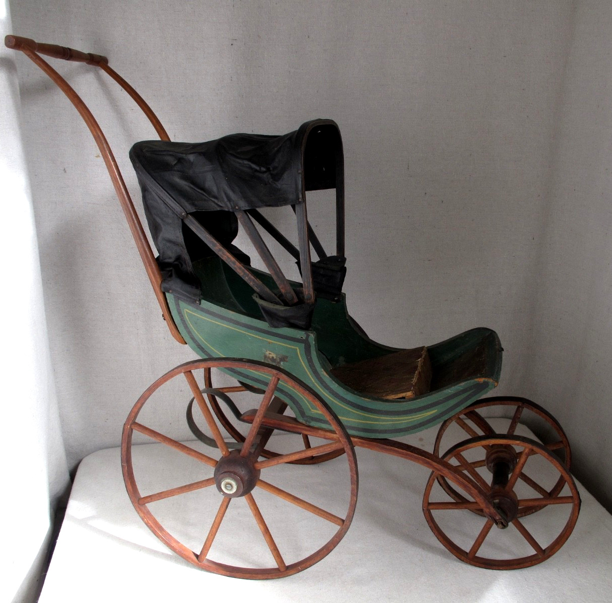 Antique Doll Carriage / Pram / Buggy,  Wood Green  Paint, Pin Striping & Hood