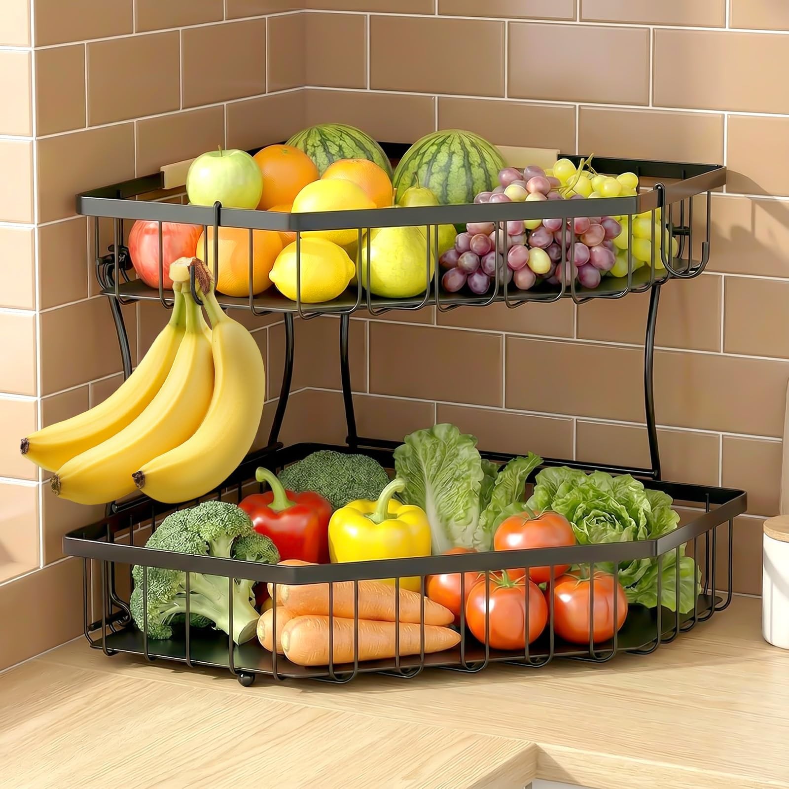 Tequie 2 Tier Fruit Basket for Kitchen Counter  Detachable Metal Fruit Bowl w...