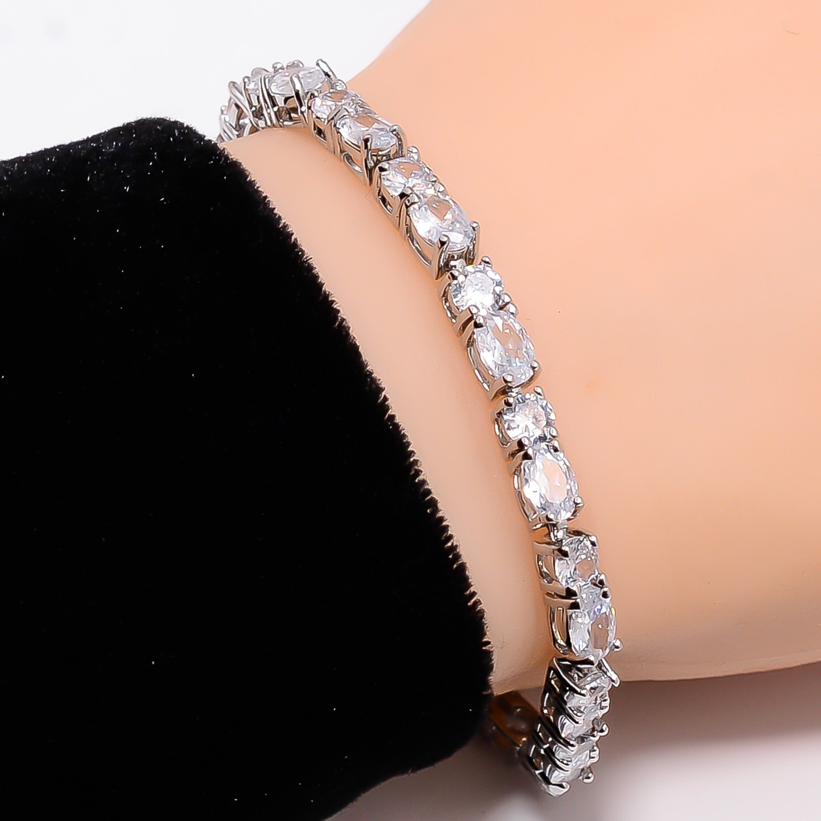 White Topaz, CZ 925 Sterling Silver Adjustable Bracelet 7-8" B128015