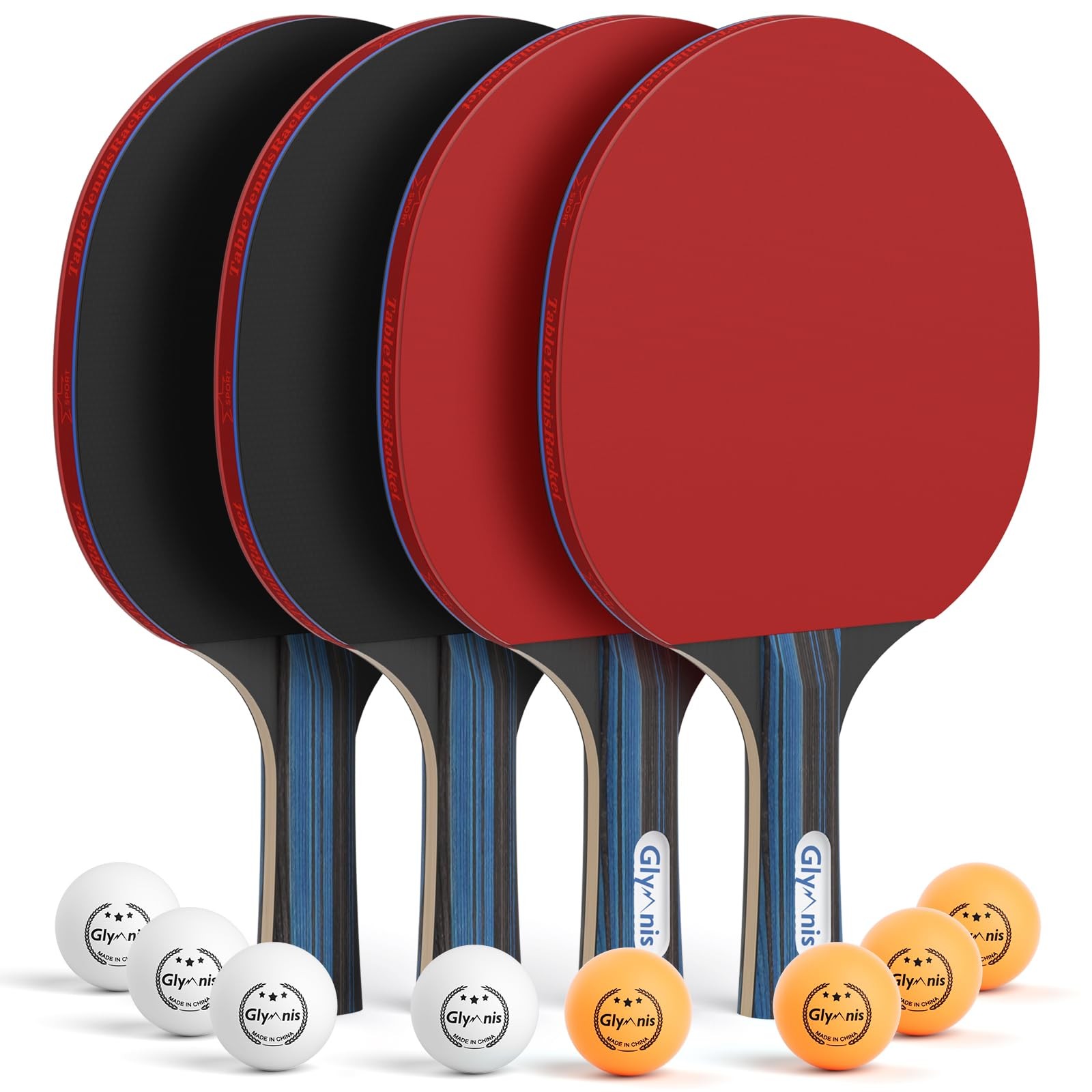 Glymnis Ping Pong Paddles Set of 4 Table Tennis Rackets with 8 Red-Black 