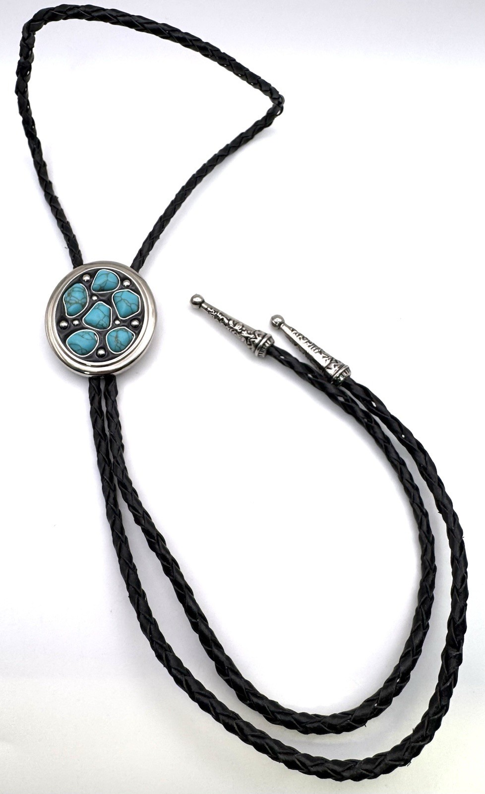 Turquoise Bolo Tie Wedding Necklace 40" Leather Rope Western Cowboy