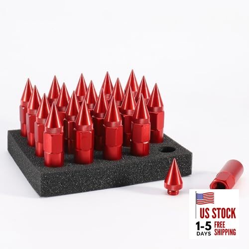 M12x1.25 Spikes Wheel Lug Nuts, 20 Pcs Extended Tuner Lug Nuts, 60mm Red