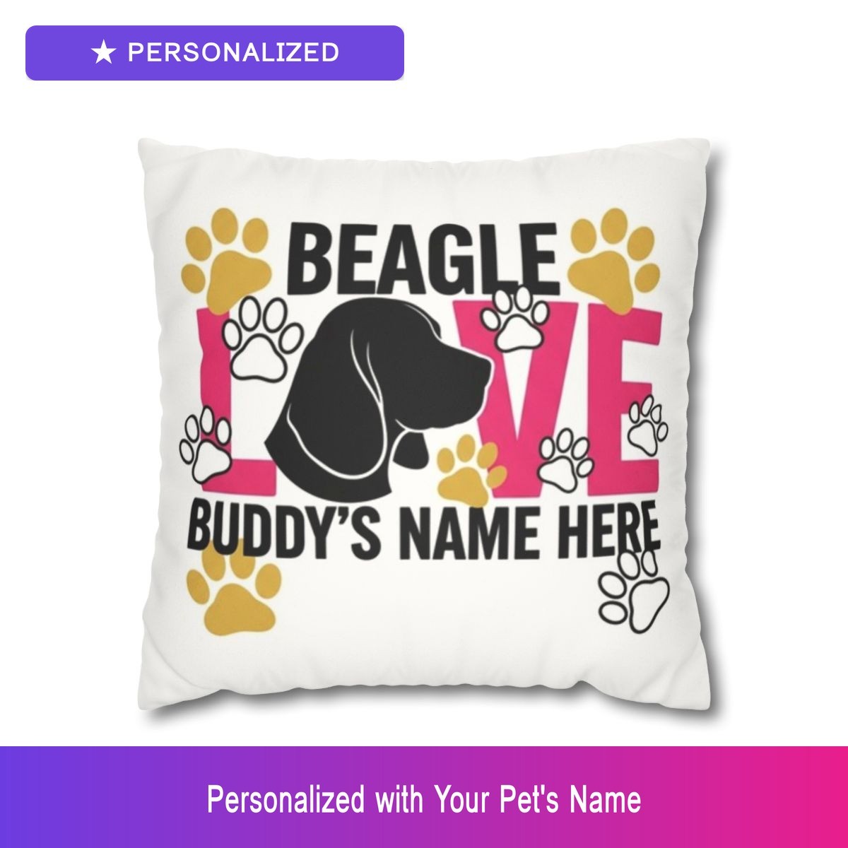 Custom Beagle Paw Print Throw Pillow Personalized Pet Name Decorative Cushion