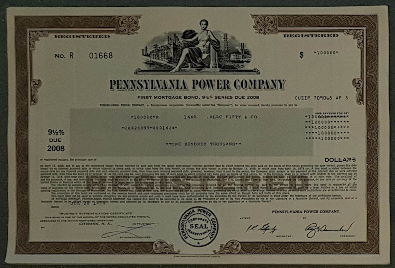 25 x Pennsylvania Power Company 9 1/2% Bond due 2008 $100,000