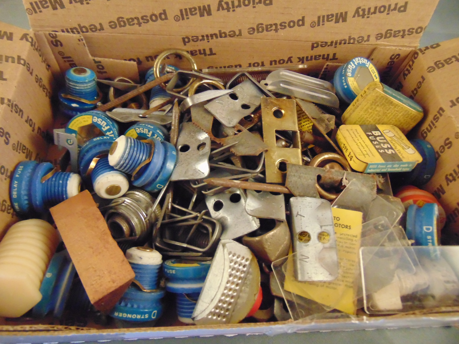 Box of fuses metal clips u shaped tacks nails o rings craft workshop supplies 