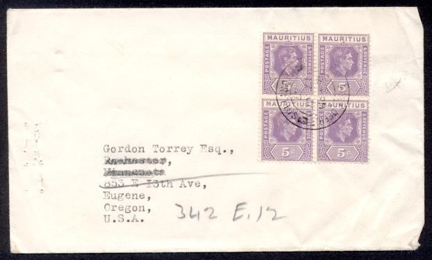 MAURITIUS 5c KGVI BLK OF 4 TO USA