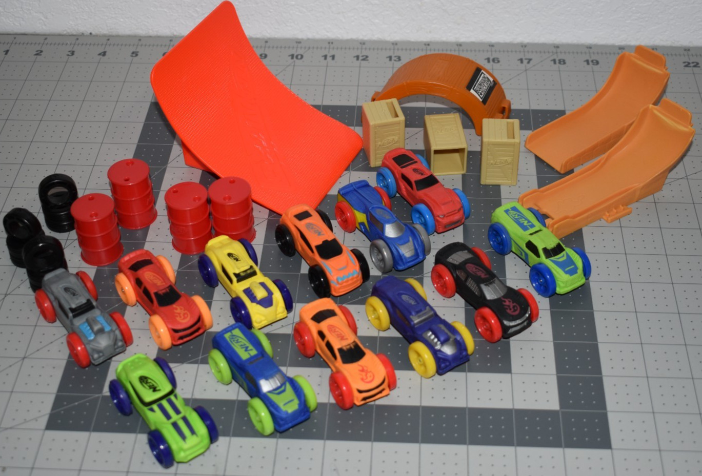 Nerf Nitro Foam Car LOT with Accessories 12 Cars Ramps Crates Barrels Etc