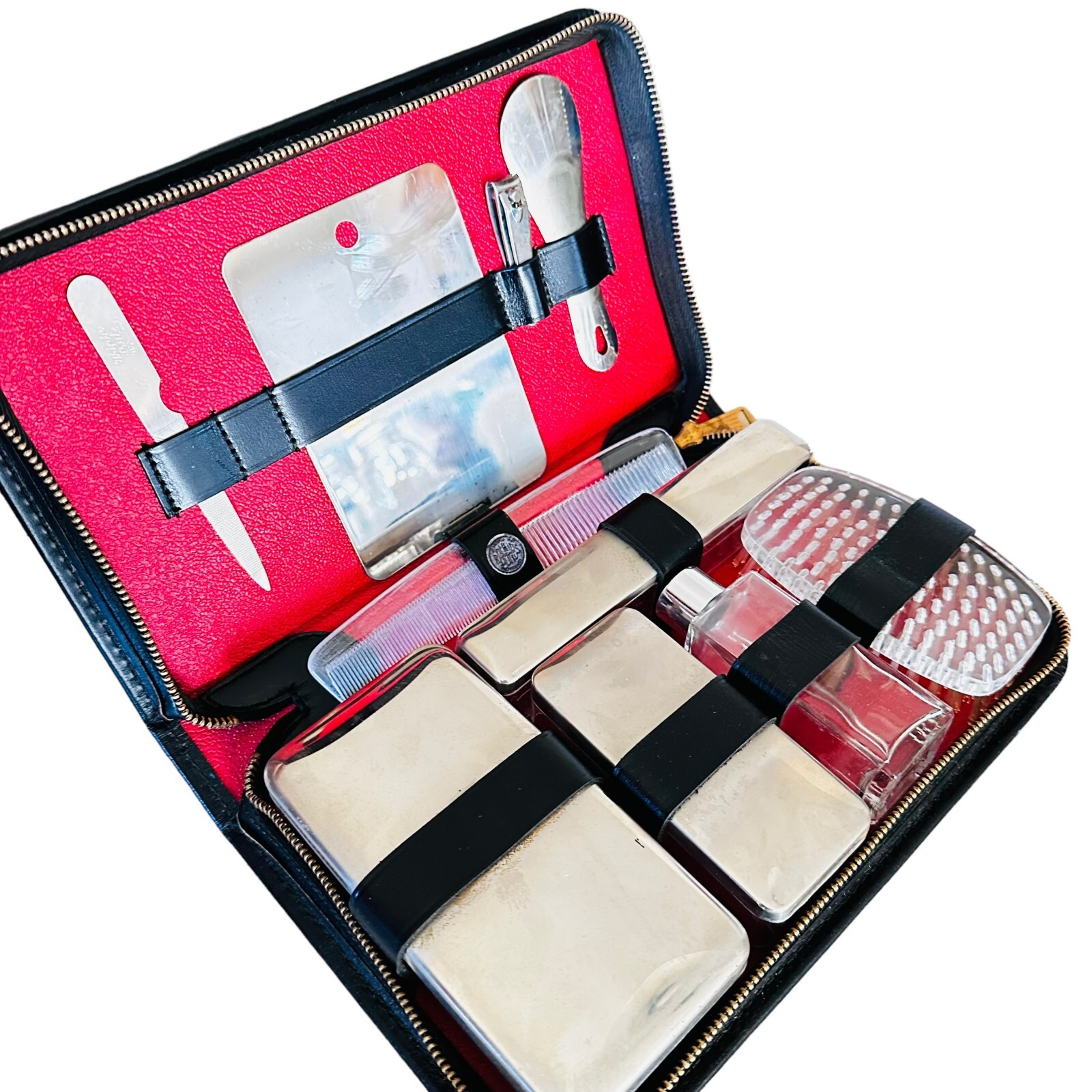 vtg toiletry bag vanity case grooming kit faux leather mongramed AJJ