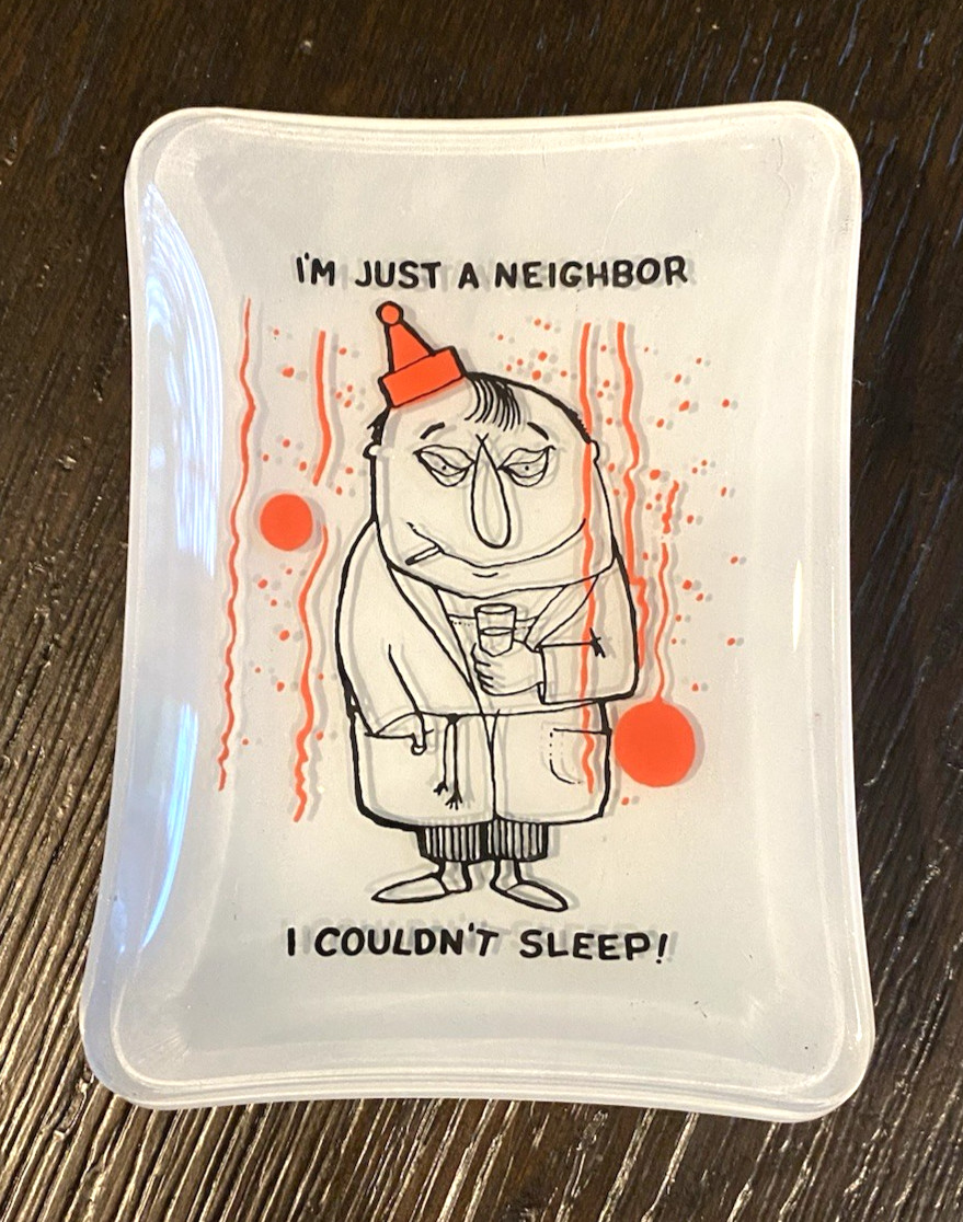Vintage MCM Curved Glass Trinket Ashtray Dish Cartoon Funny Guy Pajamas 3.5x4.5"