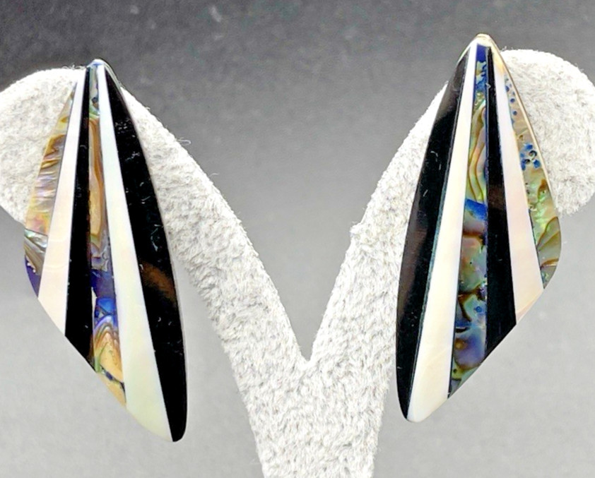 Vintage Mother O Pearl & Abalone Silver Tone Clip Earrings 1980s