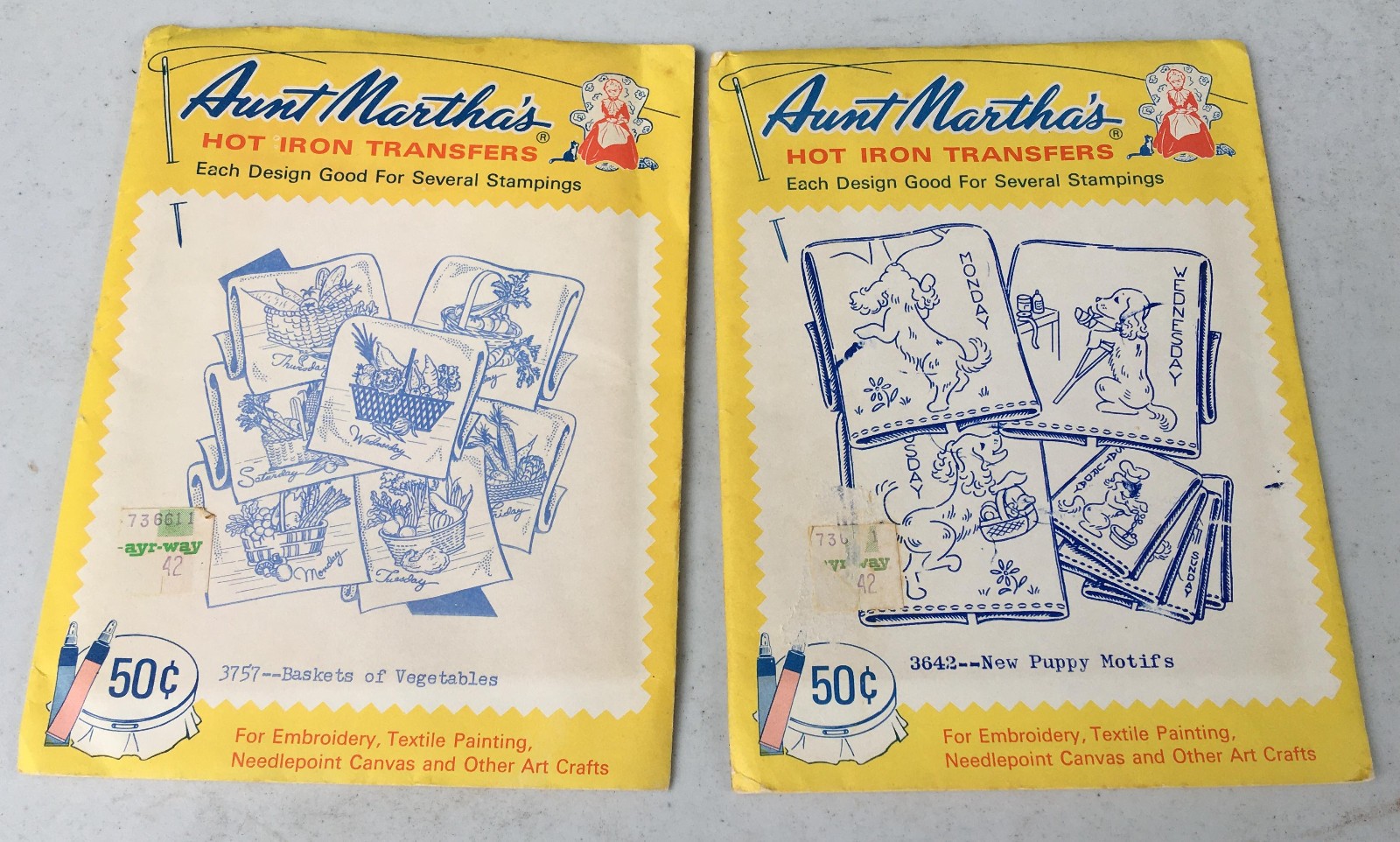 Aunt Martha's Hot Iron Transfers 3757 3642 vintage basket vegetables puppy motif