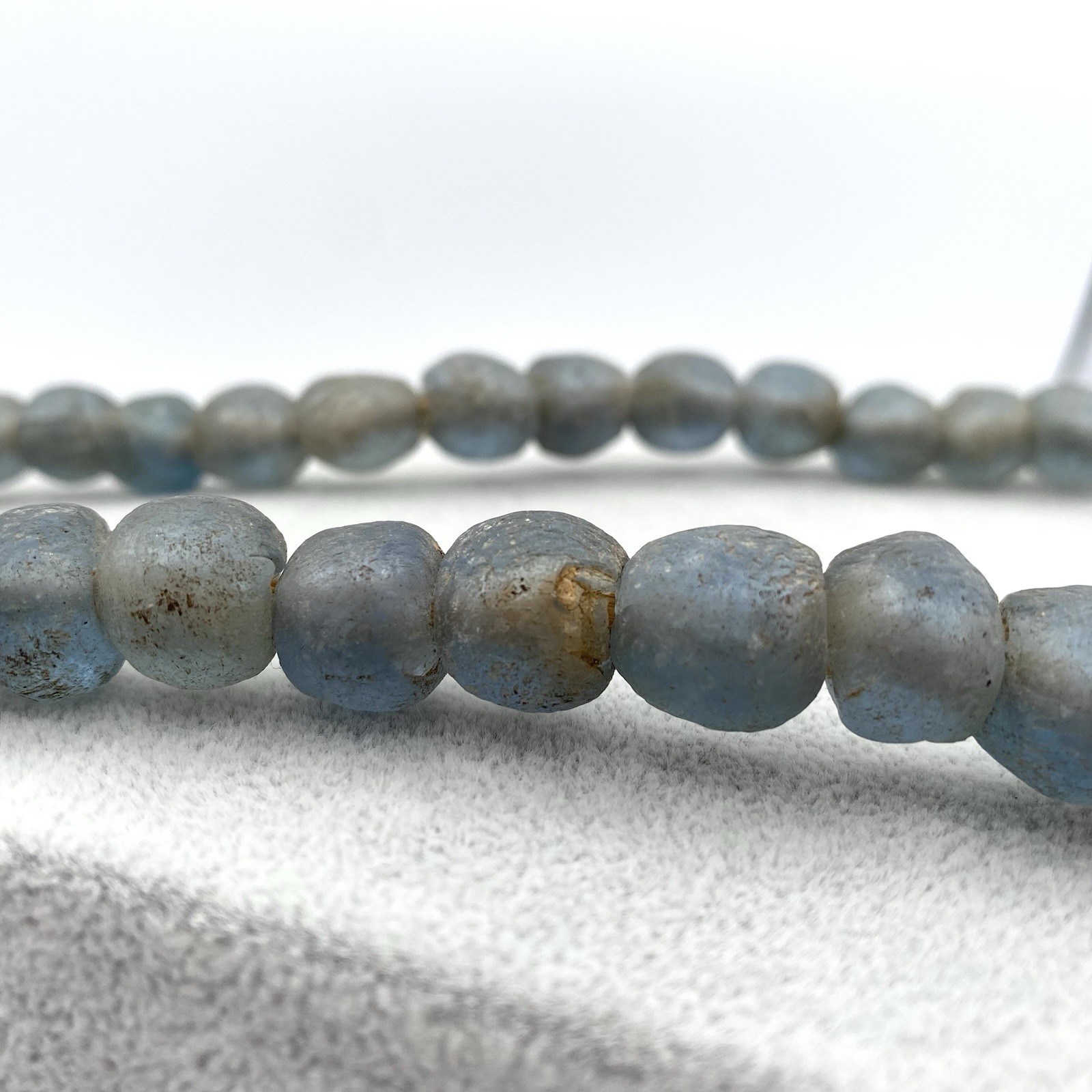 41 Jumbo Recycled Glass Beads Strand Ghana African Sea Mist Round Blue Gray 24”