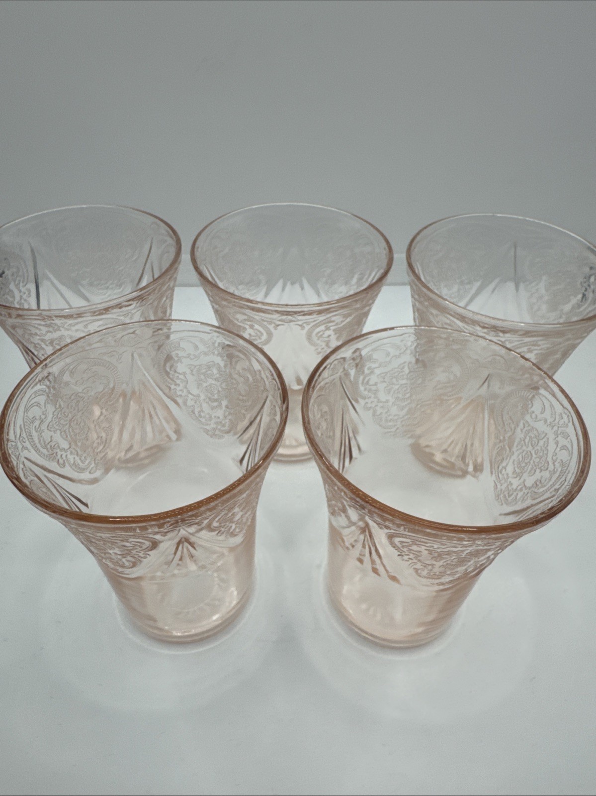 Vintage Hazel Atlas Pink Royal Lace Depression 9 oz - 4 1/4" Tumblers • Set of 5