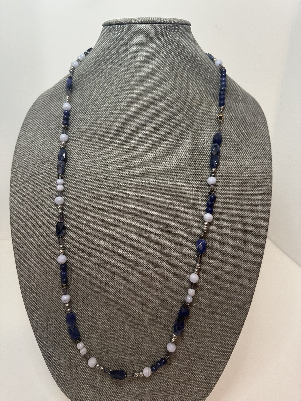 Blue Lace Agate and Sodalite Necklace .925 sterling 36" unbranded