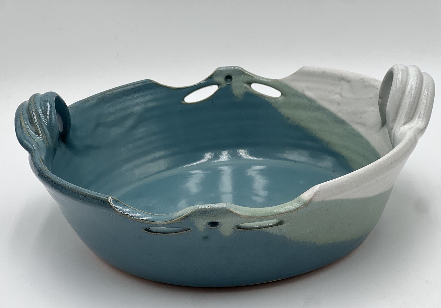 Studio Pottery Baking Deep Dish Handles Blue Creamy White Glaze Signed 10” x 3”