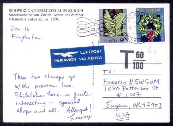 SWITZERLAND 1994 PPC SHORT PAID TO USA