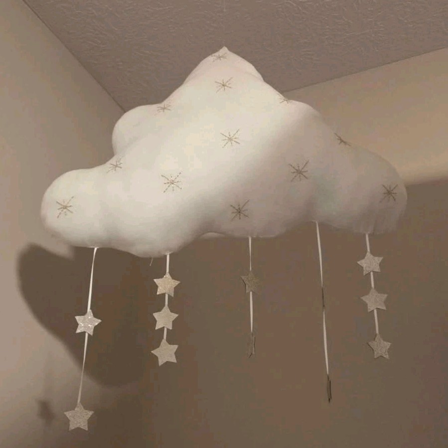 Cloud & Stars Nursery Mobile Moon & Stars Theme White Gold for Crib 
