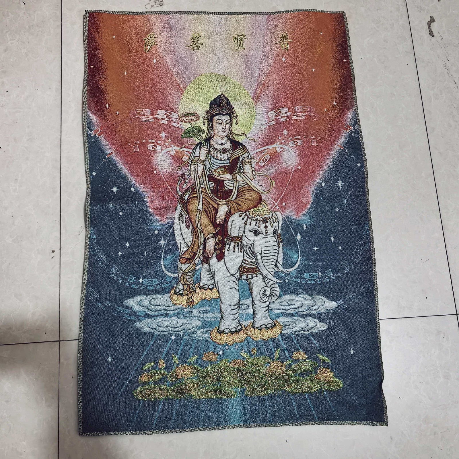 China Old Brocade Embroidery Tangka,Bodhisattva Samantabhadra Buddha statue