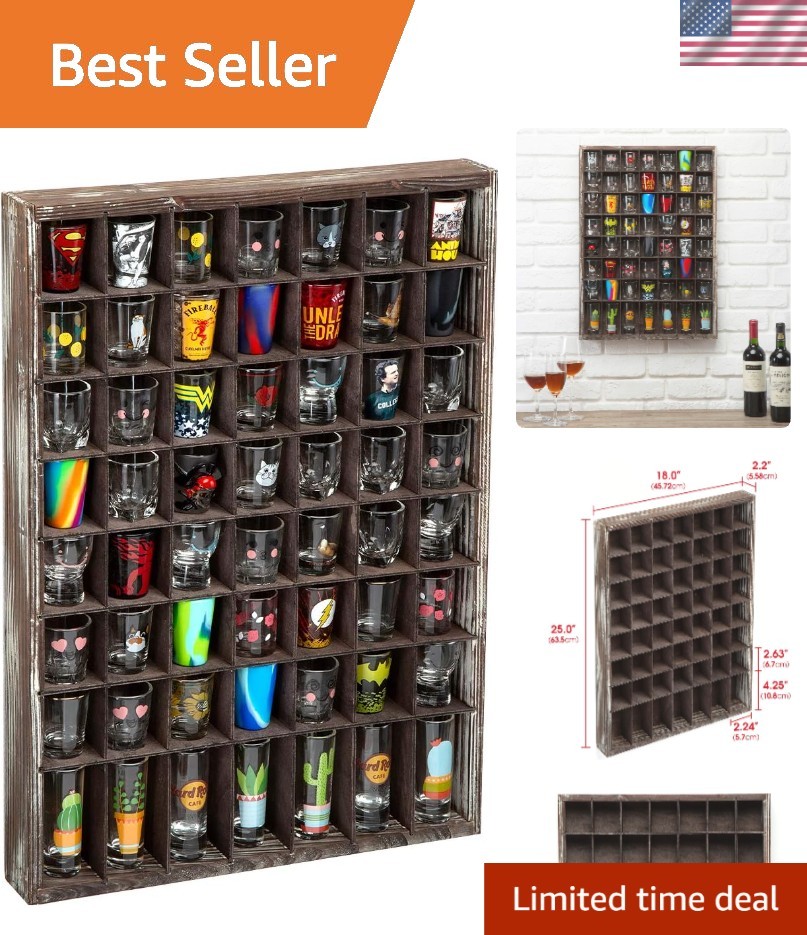 Rustic Wood Shot Glasses Display Case 56 Compartments Wall Mount Pint Glass S...