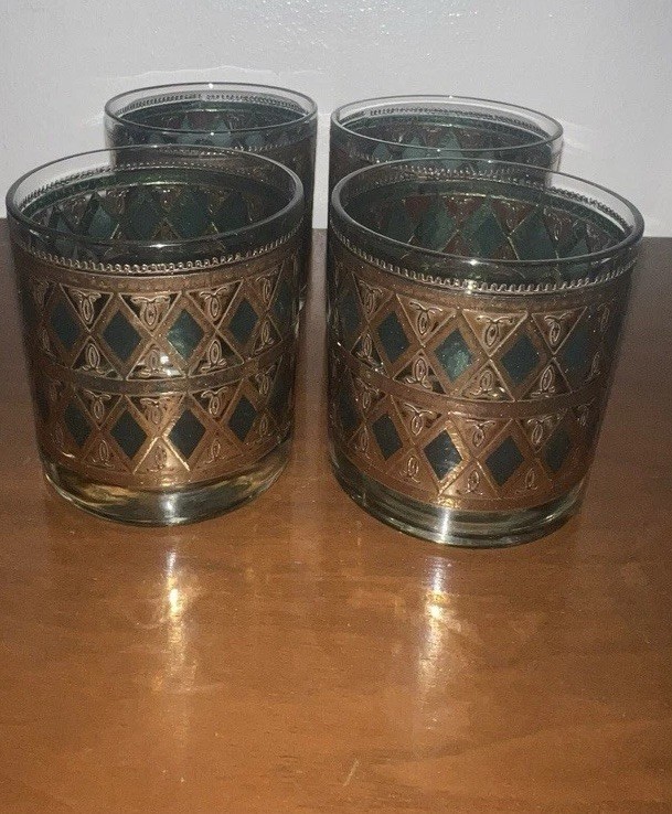 Green  Ranier West Virginia Glass Low Ball Tumblers Mid Century 22K Gold 4pc...