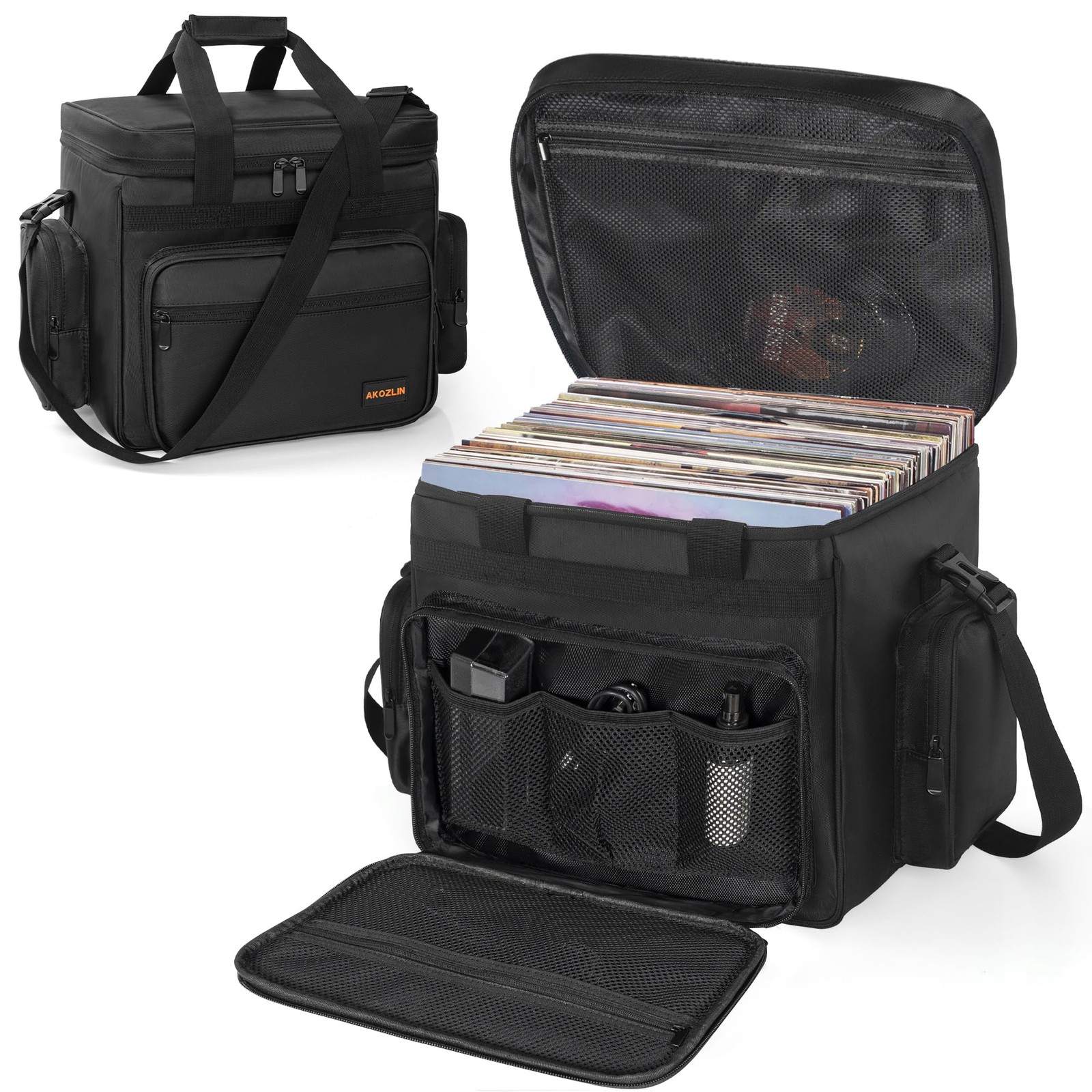 AKOZLIN Vinyl Record Travel Carrying Bag with Divider Large, Black-Black 