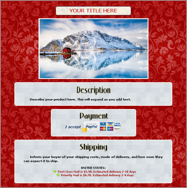 AUCTION TEMPLATE Red Floral BG Design - With FREE Shipping
