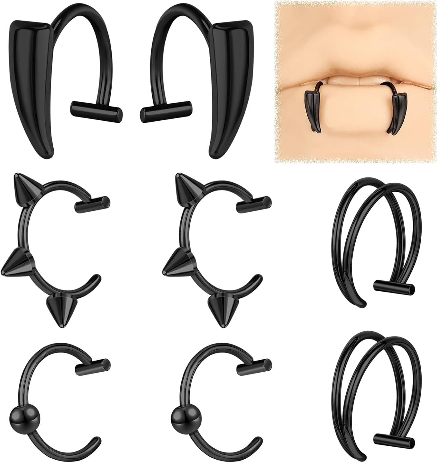 Non Piercing Lip Ring 4 Pair Set Stainless Steel Fake Lip Septum Nose Ear Rings