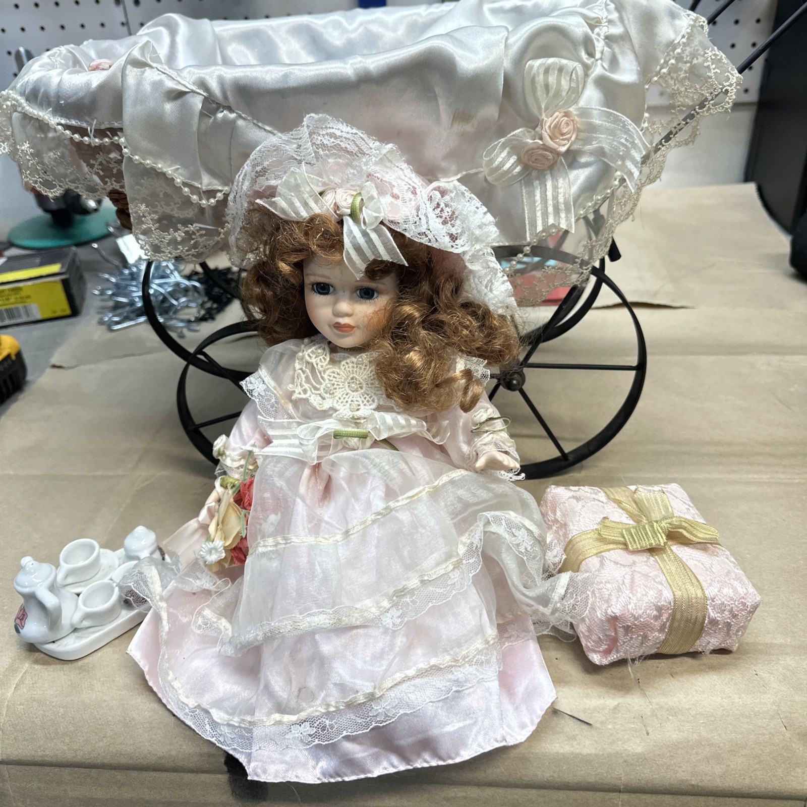 Vintage Windup Singing Antique Baby Doll Carriage Stroller-Plays Music