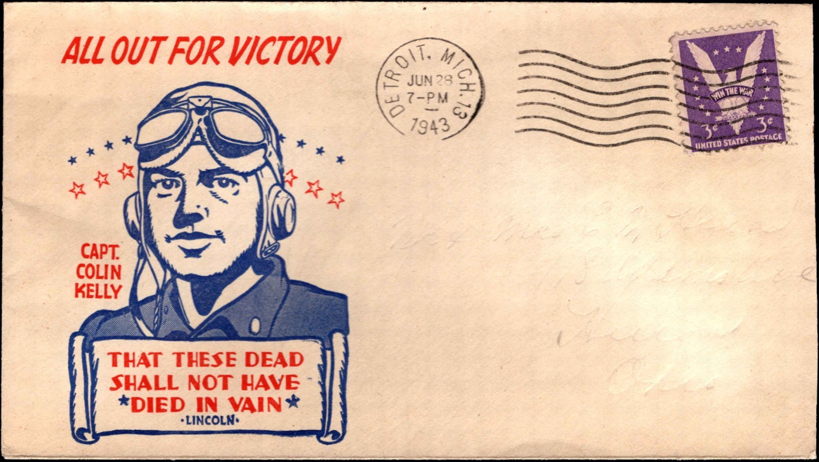 USA WWII Patriotic Cover 1943 Capt Colin Kelly All Out For Victory