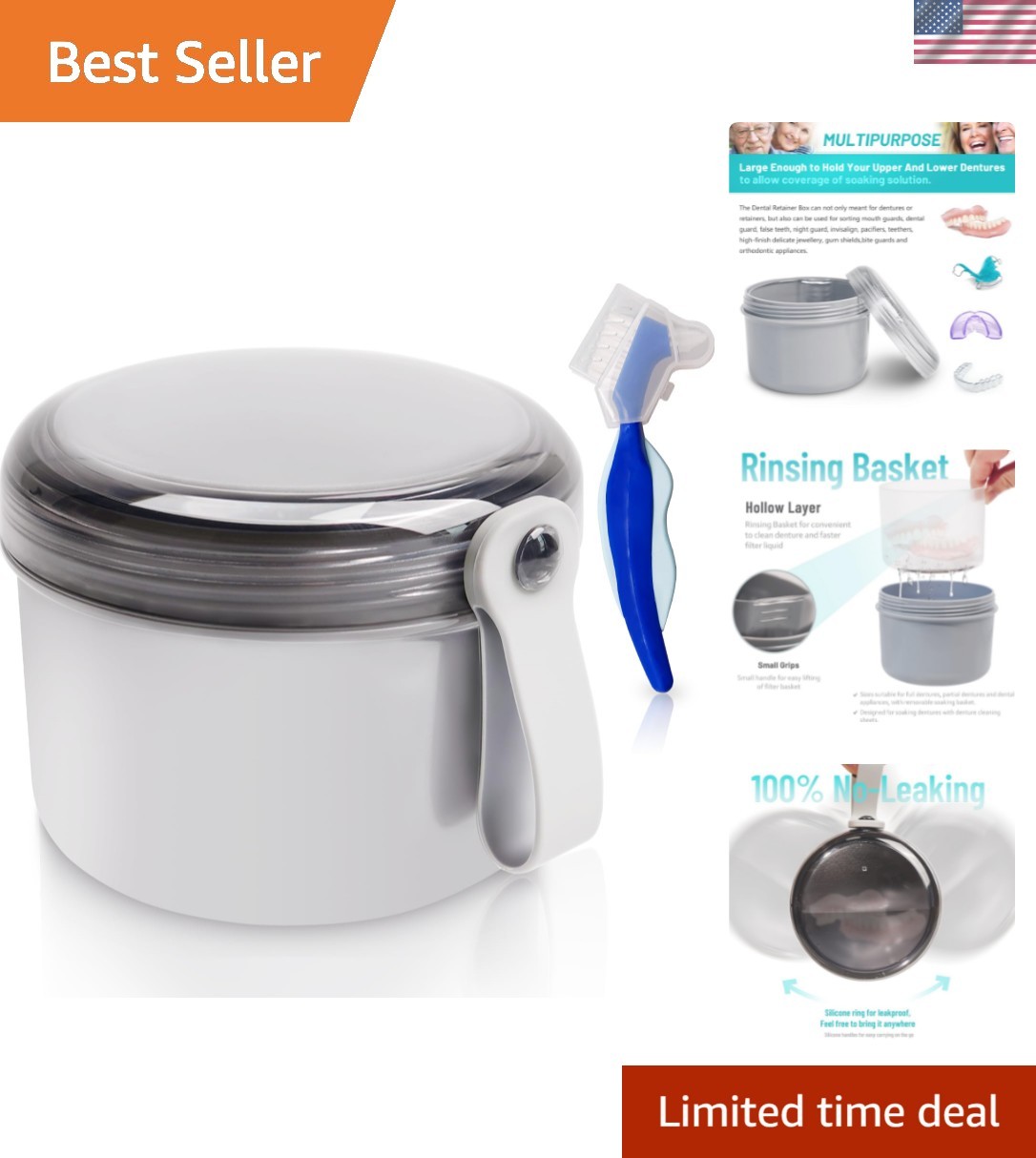Denture Case with Denture Brush, No Leak Denture Bath Box, Denture Travel Cas...