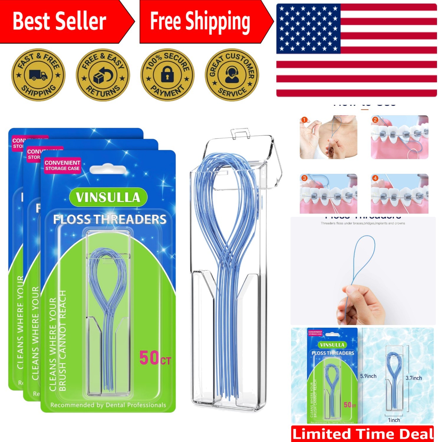 50 Count Floss Threaders for Braces & Bridges - Dentist Recommended Hygiene