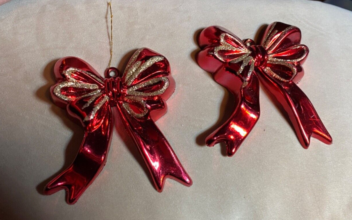 2 Vintage Plastic Glitter BOW Christmas Ornaments 5.5"