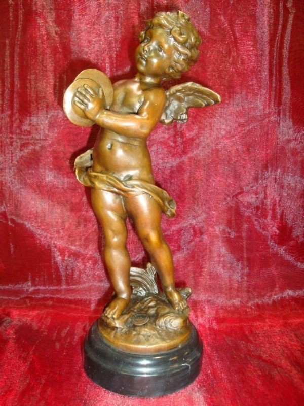 Statue Sculpture Angel Cymbal French Style Bronze Signed