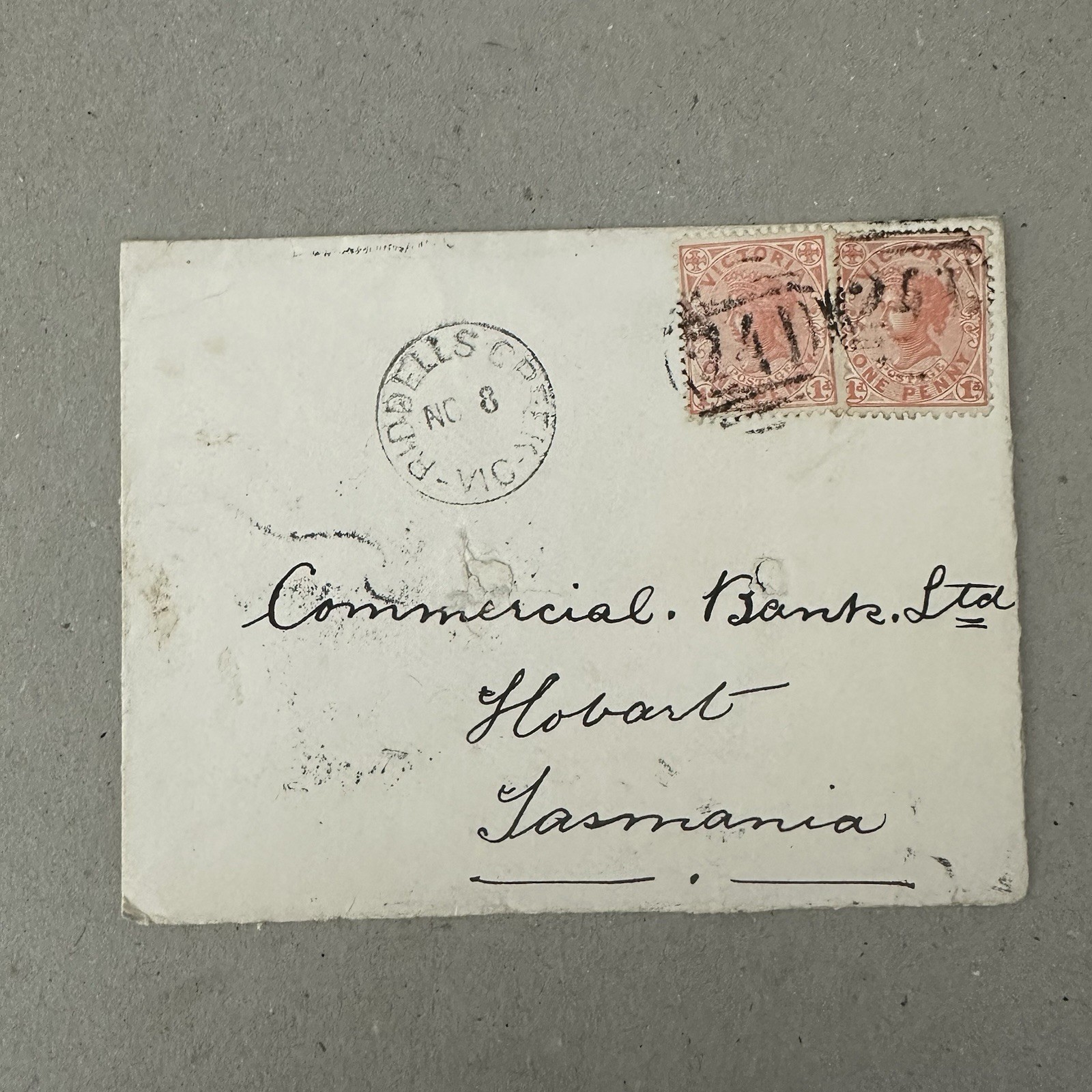 Victoria Australia Stamp Duty Cover Riddells Creek to Hobart Tasmania 1904 Bank