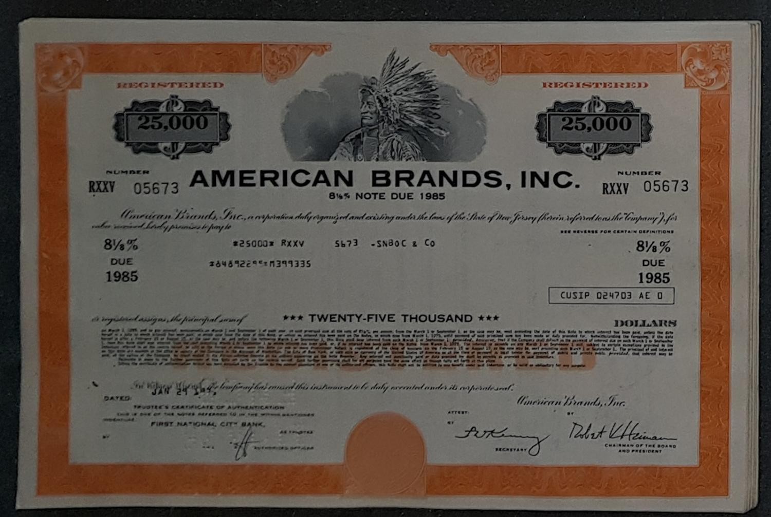 50 X American Brands, Inc. 8 1/8% Note Due 1985 $25,000