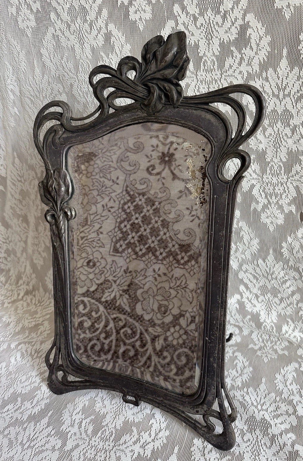 Antique Art Nouveau Argentor Pewter Vanity Mirror Austrian Jugendstil Dresser